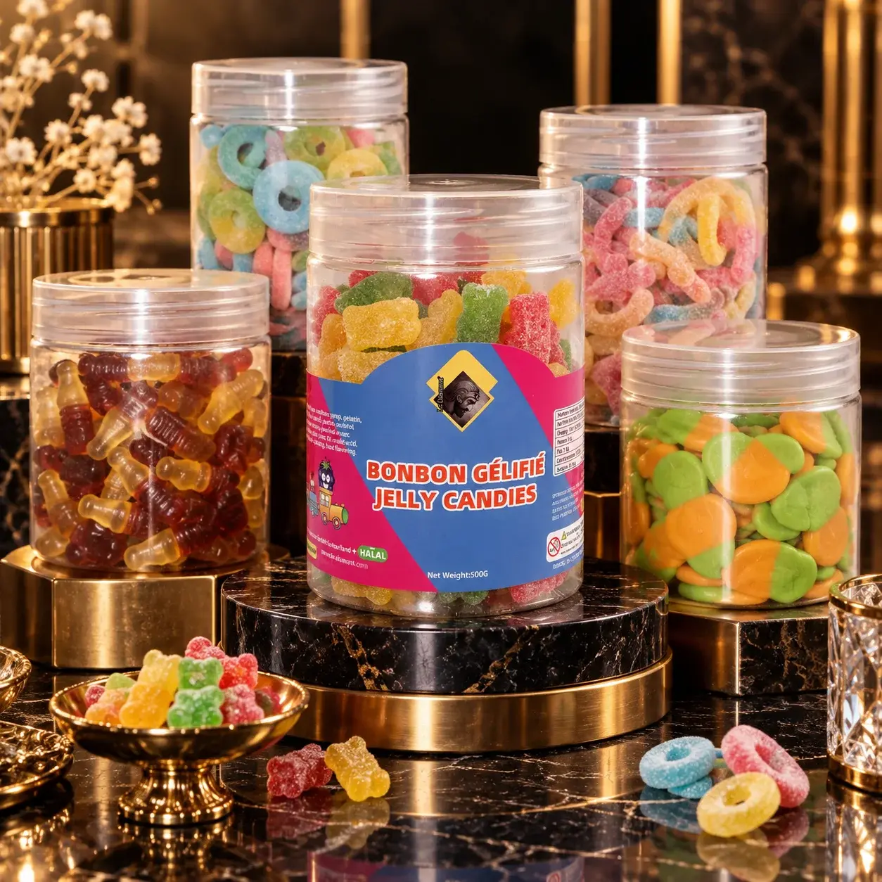 LeDiamont fruit gummy candy in a clear resealable jar