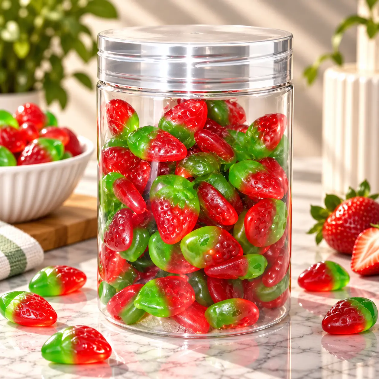 Bonbons gélifiés en forme de fraise rouges et verts dans un bocal transparent