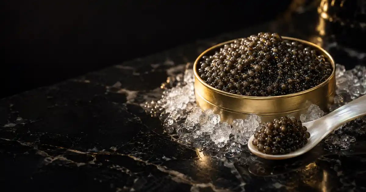 Open tin of Beluga caviar on crushed ice with a mother-of-pearl spoon