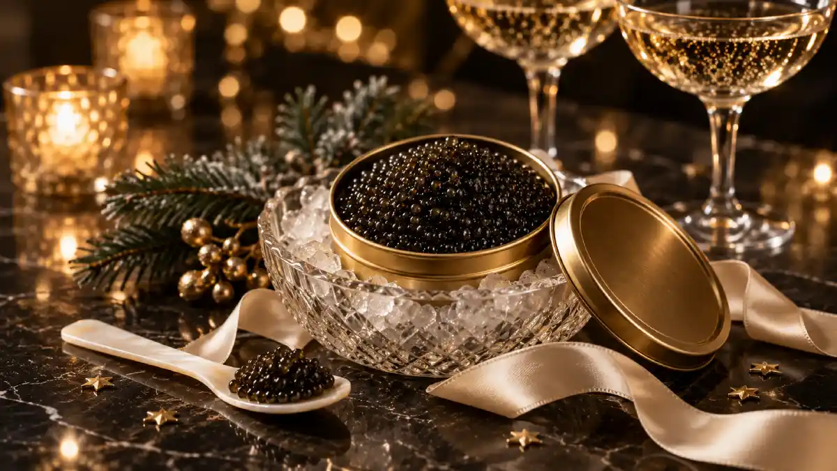 Open tin of caviar with a silk ribbon and gift card, a festive caviar gift