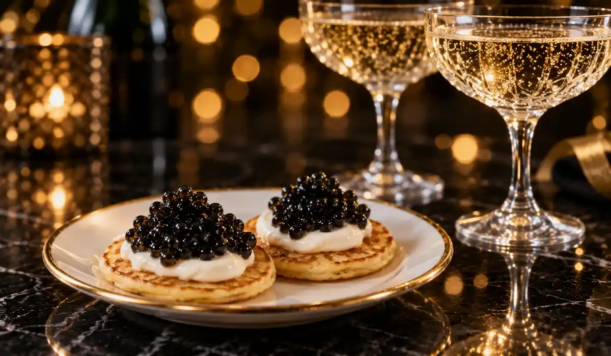 Caviar on blini with champagne for a New Year's celebration