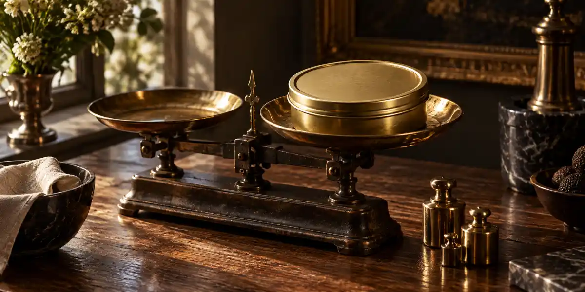 Caviar tin on a brass kitchen scale, choosing the right tin size by weight