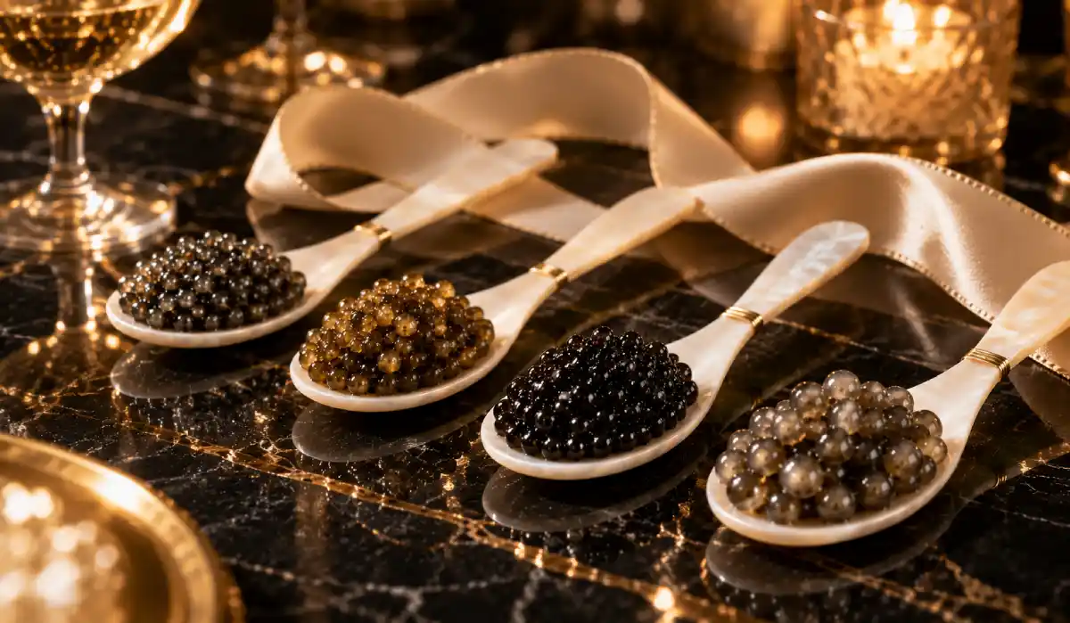 Four types of caviar on mother-of-pearl spoons, choosing a caviar gift