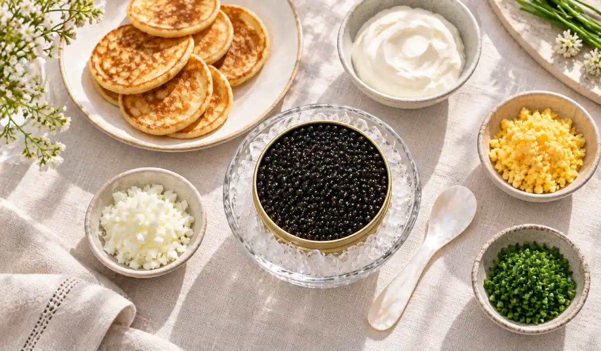 Classic caviar accompaniments: blini, crème fraîche, chopped egg and chives