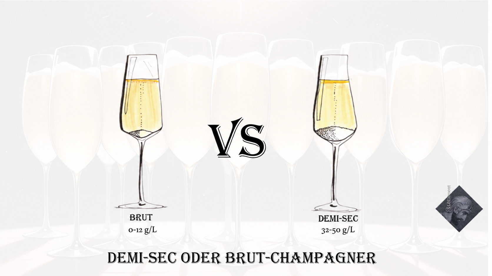 Zwei Champagnergläser mit den Zuckerangaben für Brut und Demi-sec
