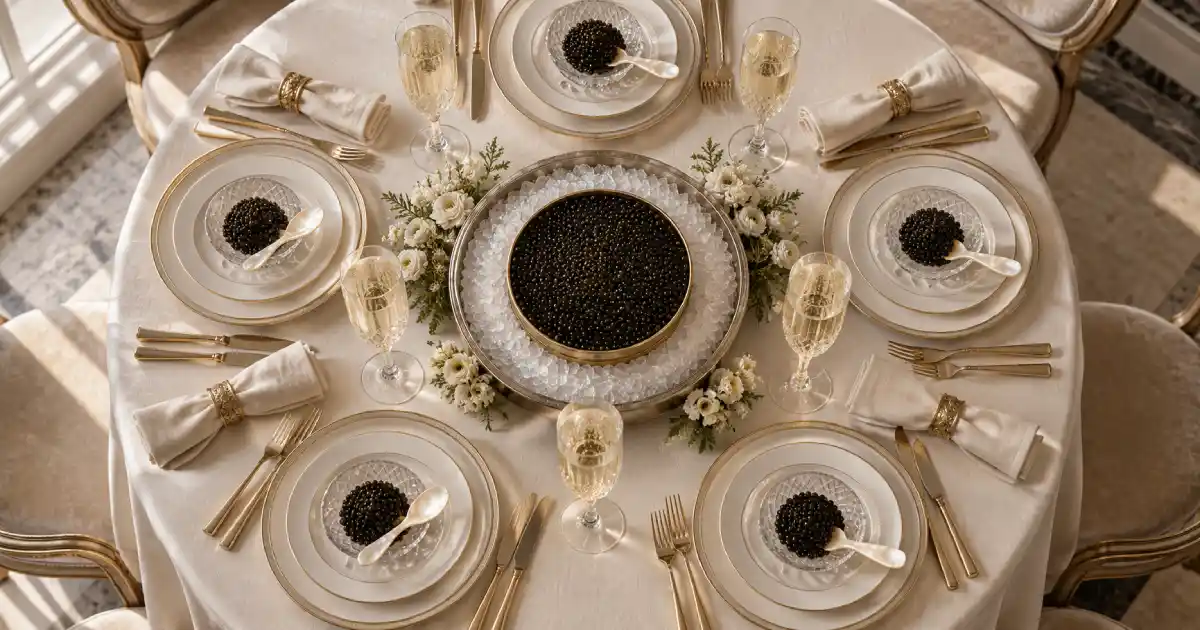 Dinner table set for six with an individual portion of caviar at each place