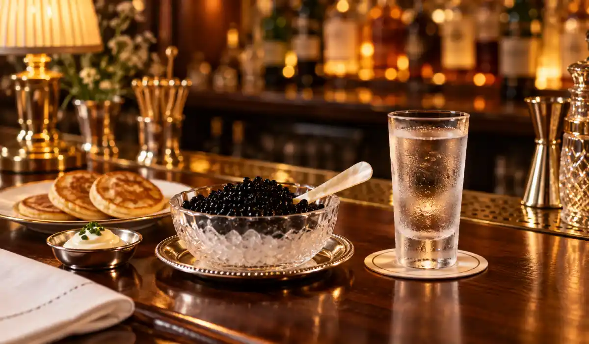 Caviar with ice-cold vodka at an elegant bar, tasting caviar the classic way