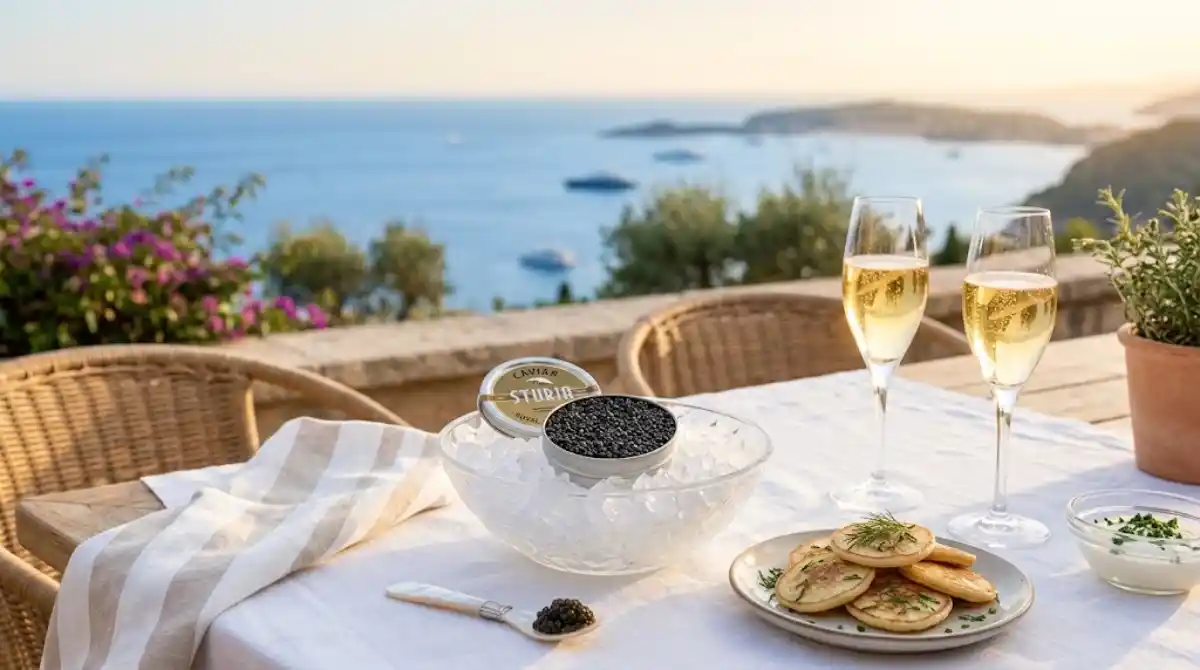 Caviar served on ice with blini and champagne on a sunlit terrace