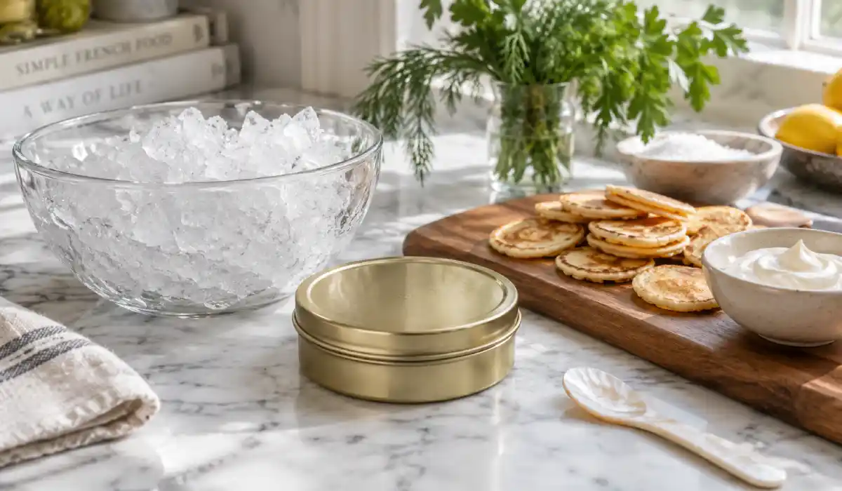 Preparing crushed ice, blini and crème fraîche before serving caviar