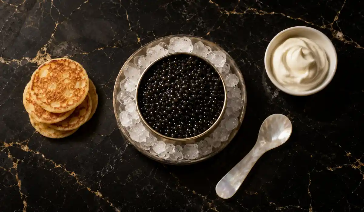 Caviar with a mother-of-pearl spoon, blini and crème fraîche, what to include with a caviar gift