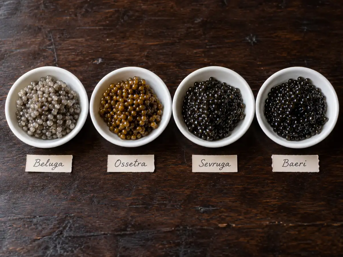 Four varieties of Iranian caviar side by side: Beluga, Ossetra, Sevruga and Baeri