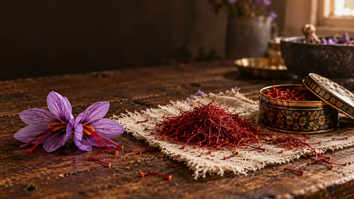 Krokusblüten, getrocknete Safranfäden und eine offene Safrandose auf einem Holztisch