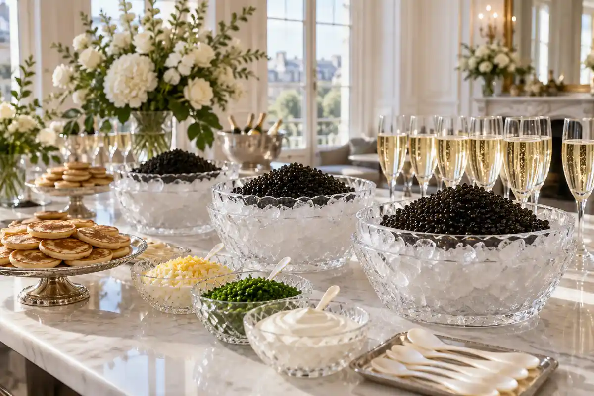 Bar à caviar avec blinis et champagne lors d’une réception d’entreprise