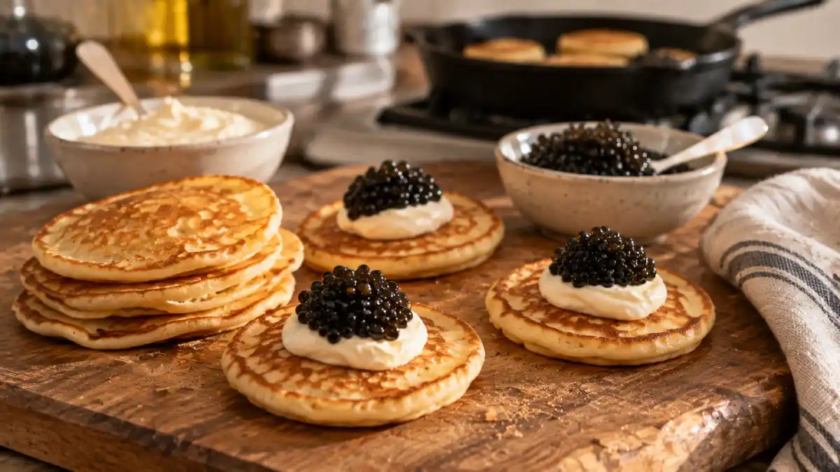 Homemade buckwheat blini topped with crème fraîche and caviar