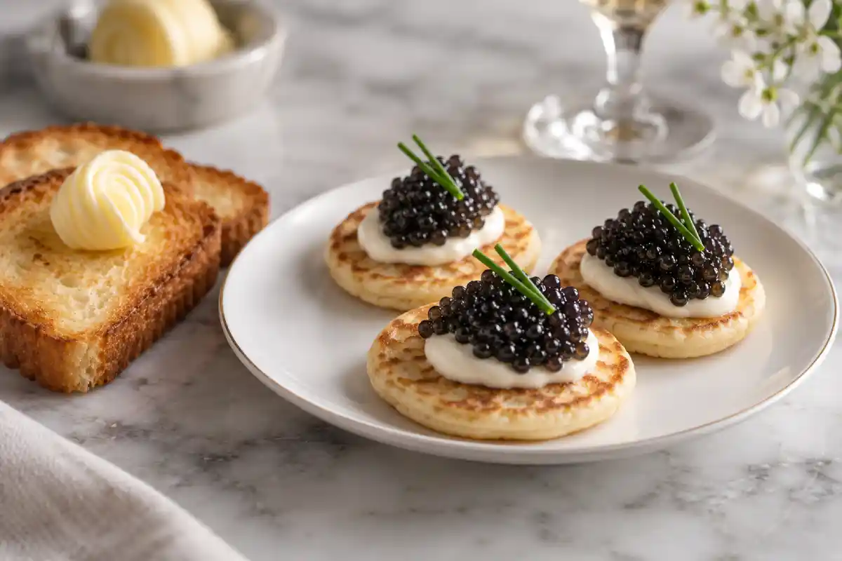 Blinis à la crème fraîche et au caviar, avec toasts de brioche beurrés