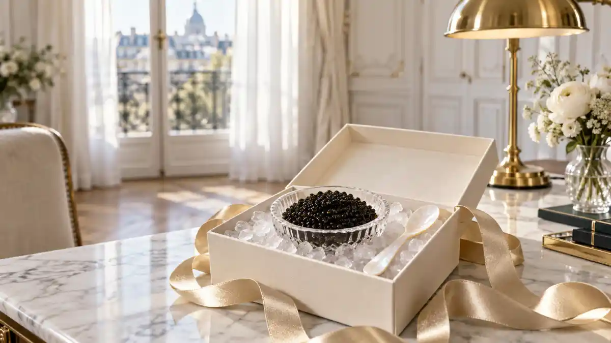 Coffret de caviar ouvert sur un bureau lumineux, cadeau d’affaires