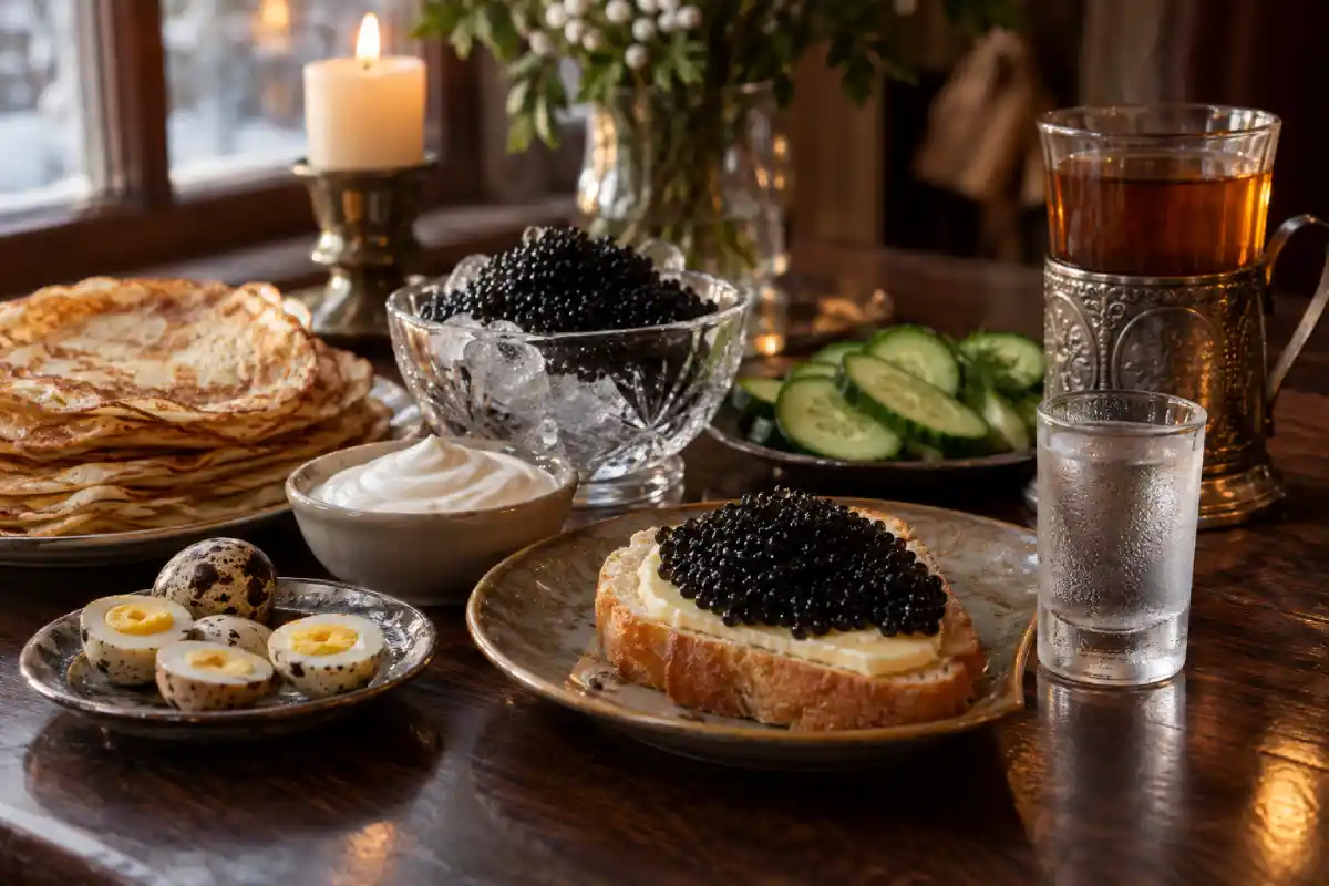 Caviar à la russe : blinis, smetana, pain beurré, vodka et thé