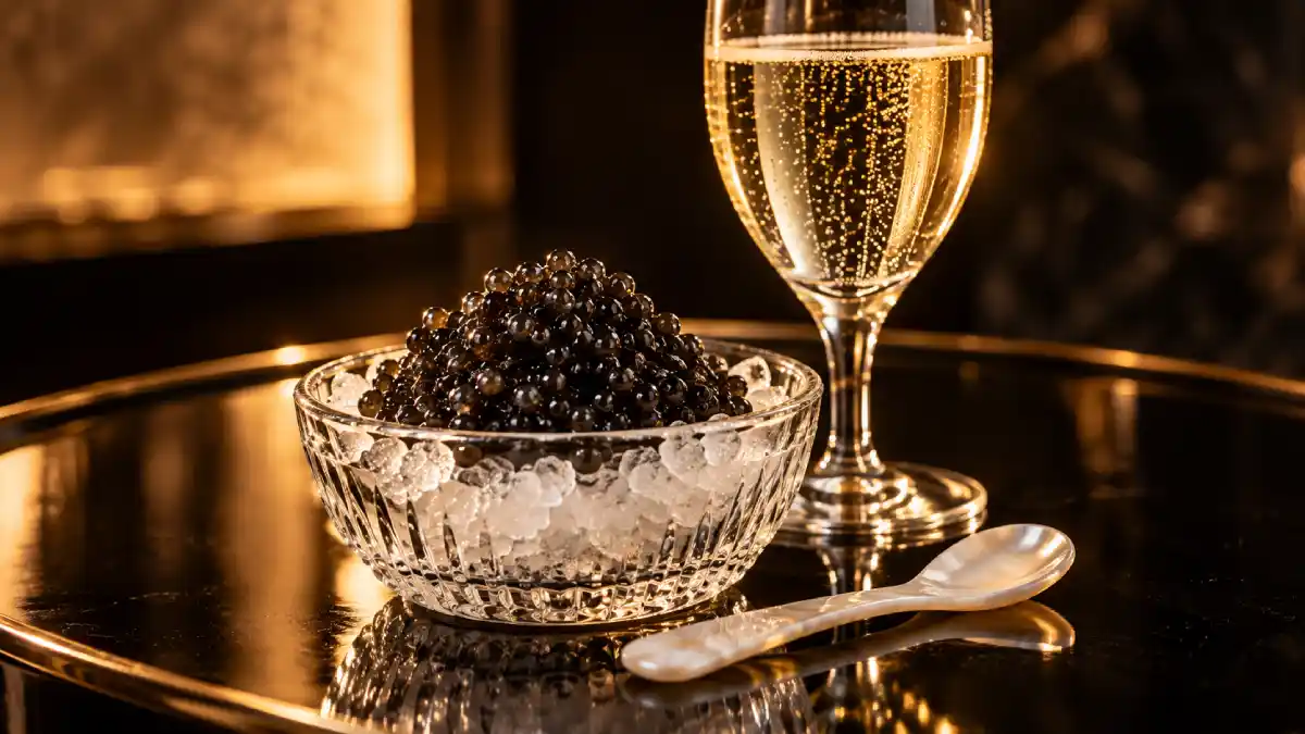 Caviar on ice served with a glass of brut champagne