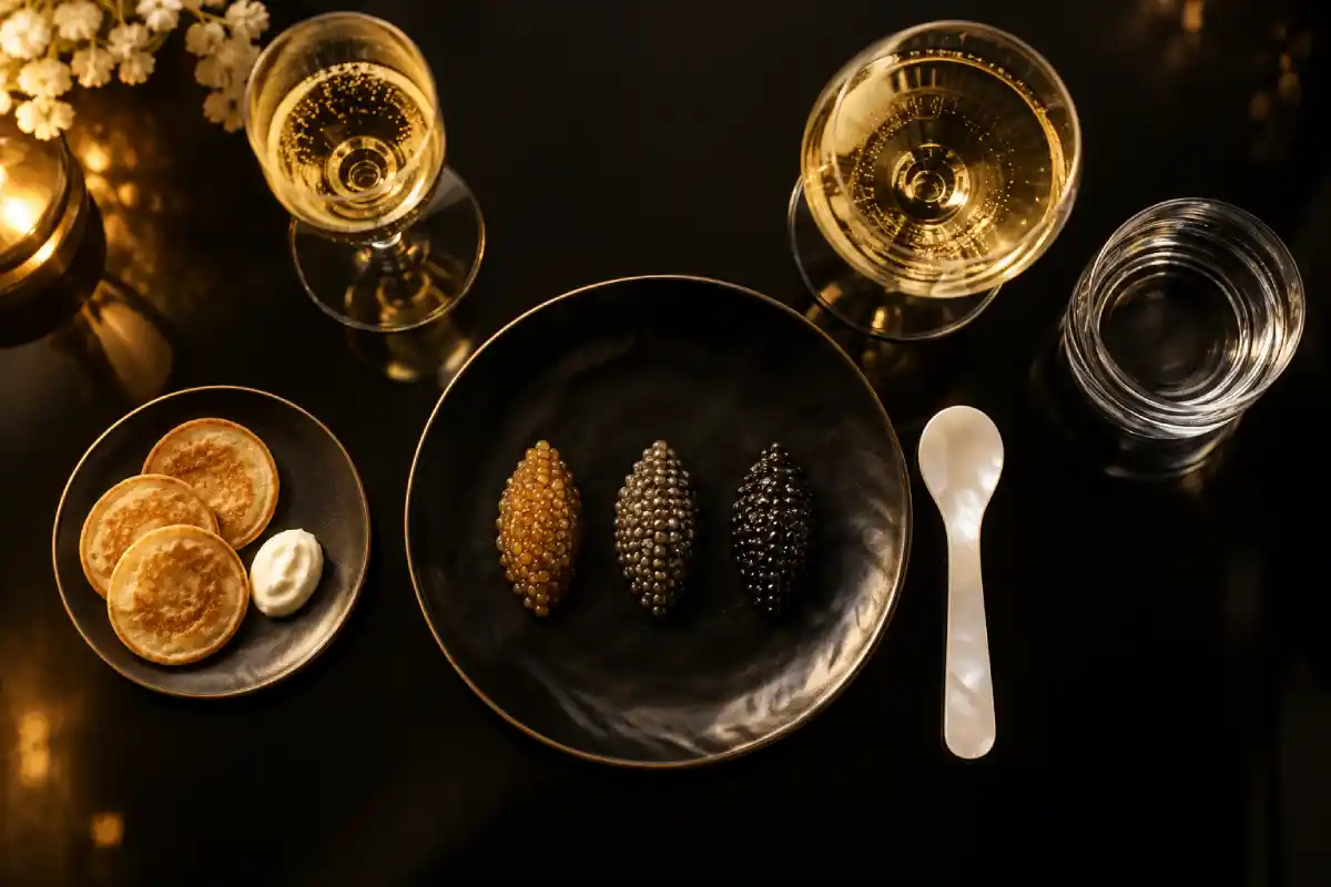 Caviar and champagne tasting set up at home with three caviars and two champagnes