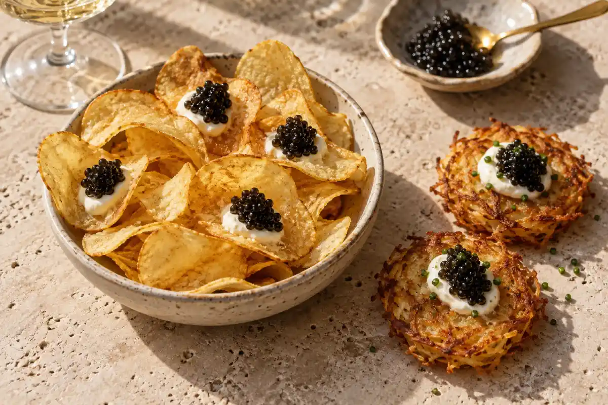 Chips de pommes de terre et galettes croustillantes garnies de caviar