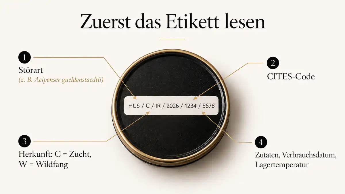 Infografik eines Kaviardosen-Etiketts: Störart, CITES-Code, Herkunftscode, Zutaten und Verbrauchsdatum