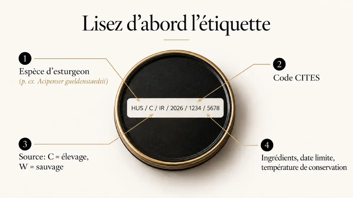 Infographie d’une étiquette de boîte de caviar : espèce d’esturgeon, code CITES, code de source, ingrédients et date limite