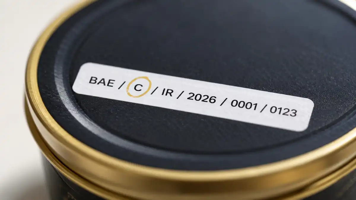 Source code C on a caviar label, showing farmed origin