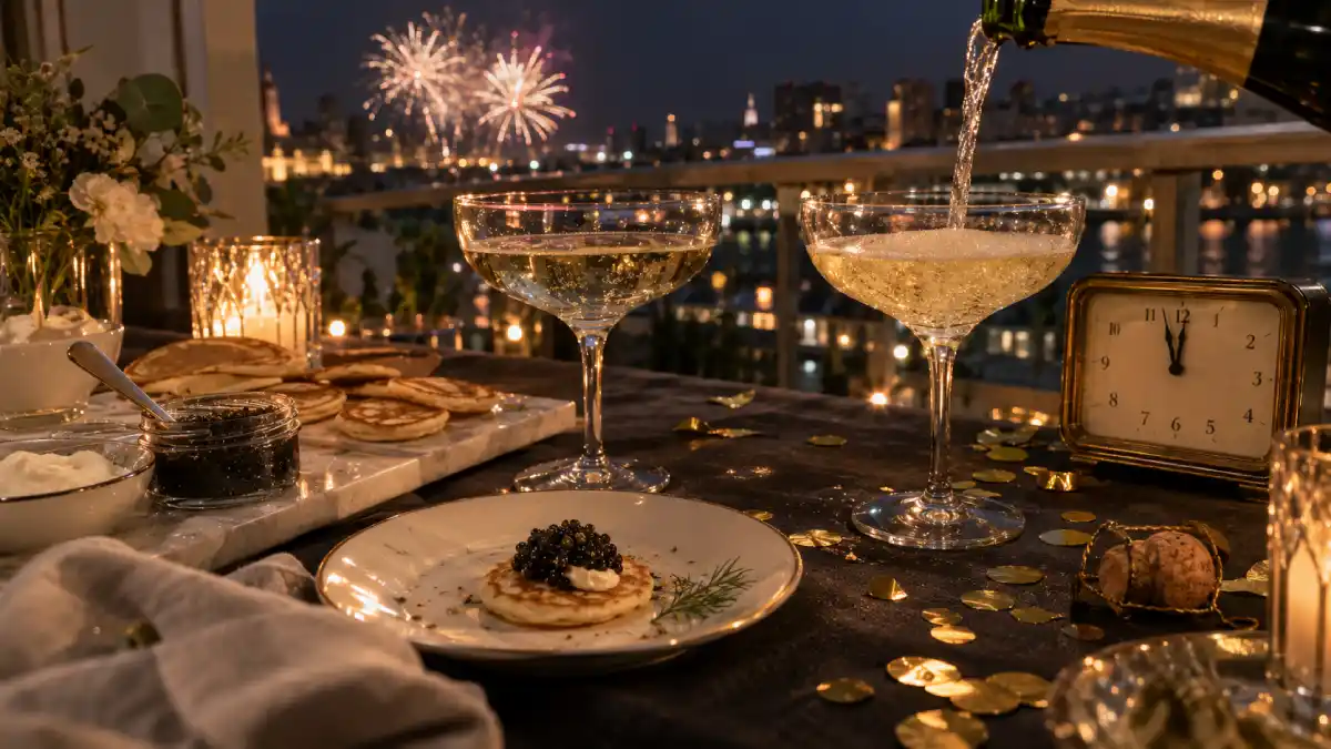 Caviar et champagne juste avant minuit le soir du Nouvel An