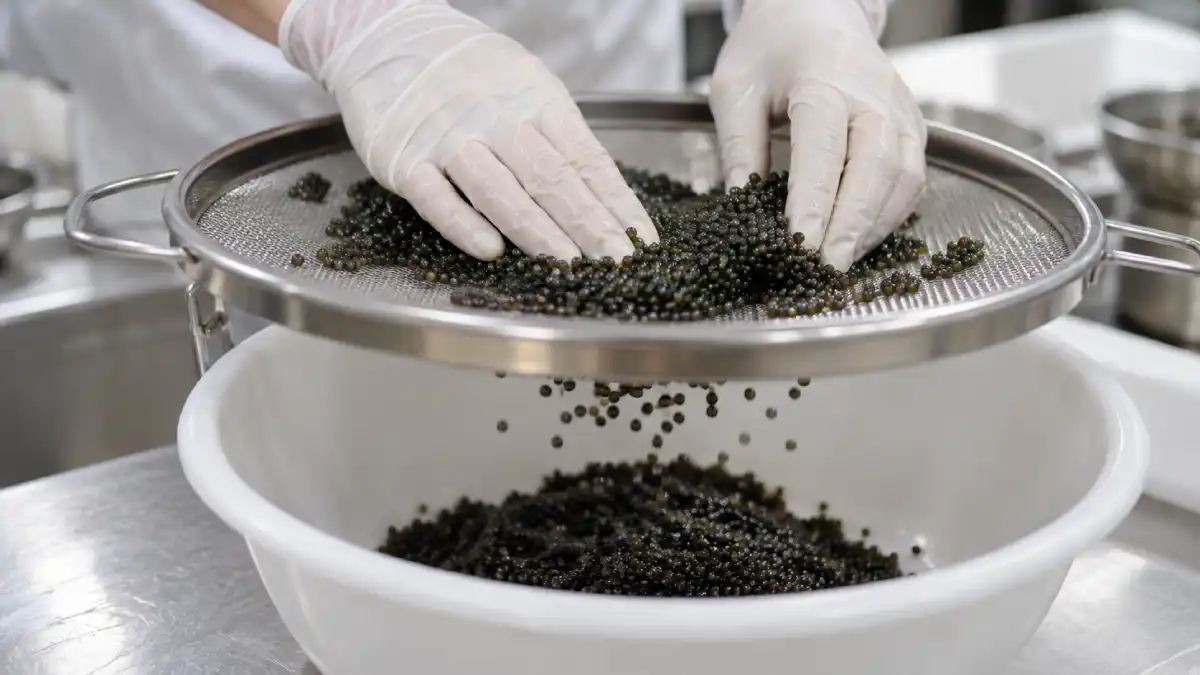 Sturgeon roe being screened through a mesh to separate the eggs