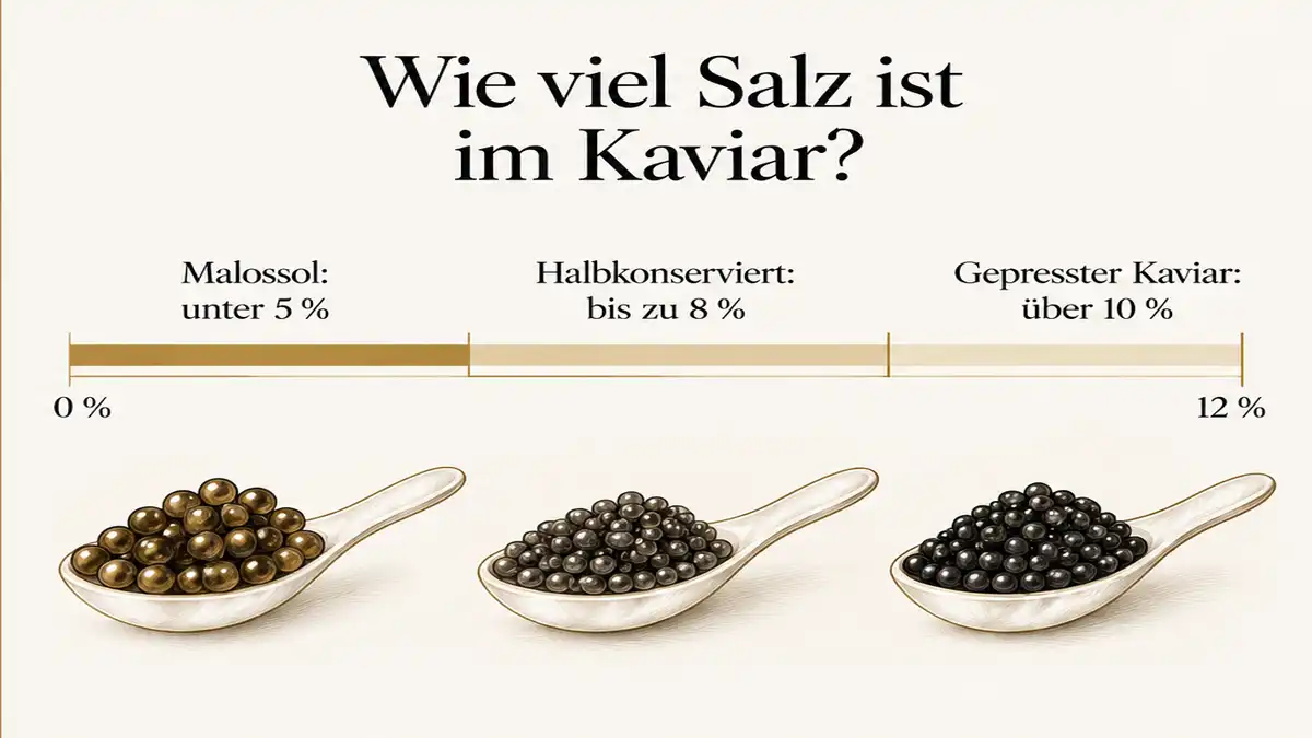 Salzgehalt von Kaviar: Malossol unter 5 %, Halbkonserve bis 8 %, Presskaviar über 10 %