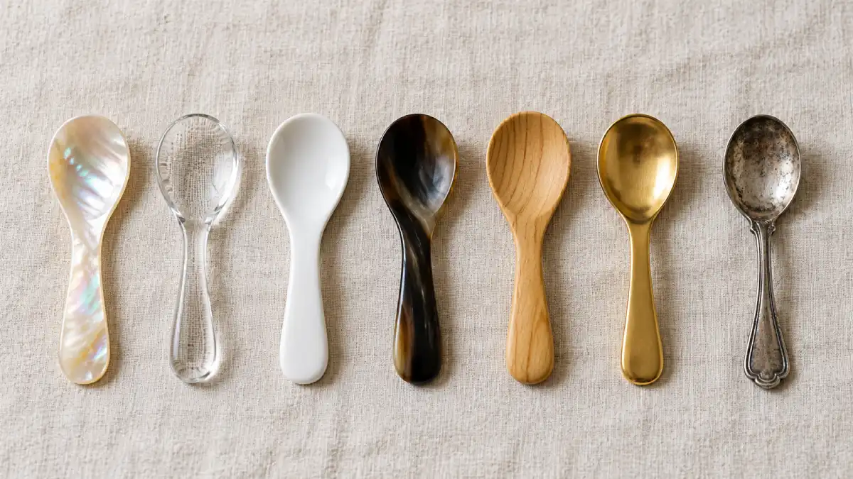 Caviar spoons made of mother-of-pearl, glass, porcelain, horn, wood, gold and silver