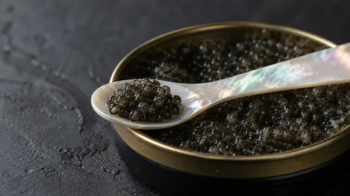 Mother-of-pearl caviar spoon with a scoop of caviar on an open tin