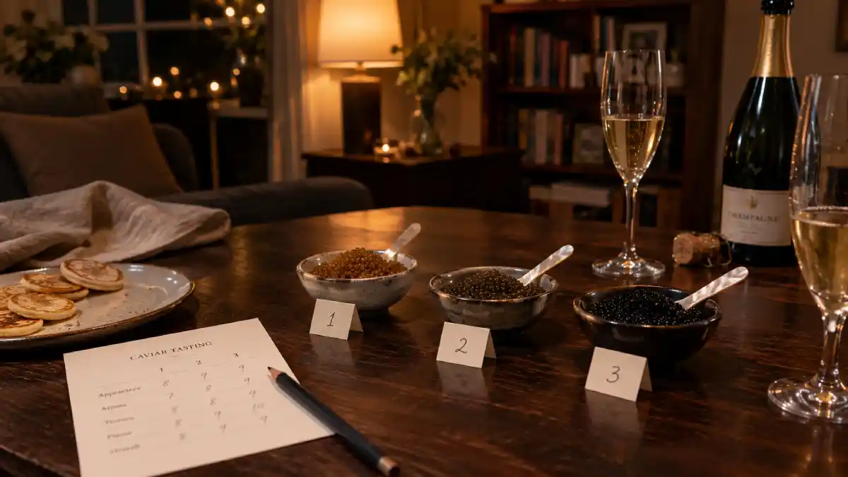 Caviar tasting party at home with three numbered caviars and champagne