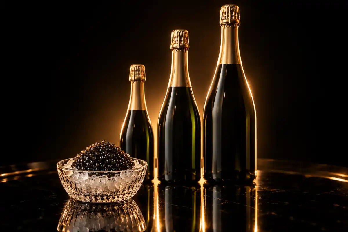 Half bottle, bottle and magnum of champagne beside caviar on ice