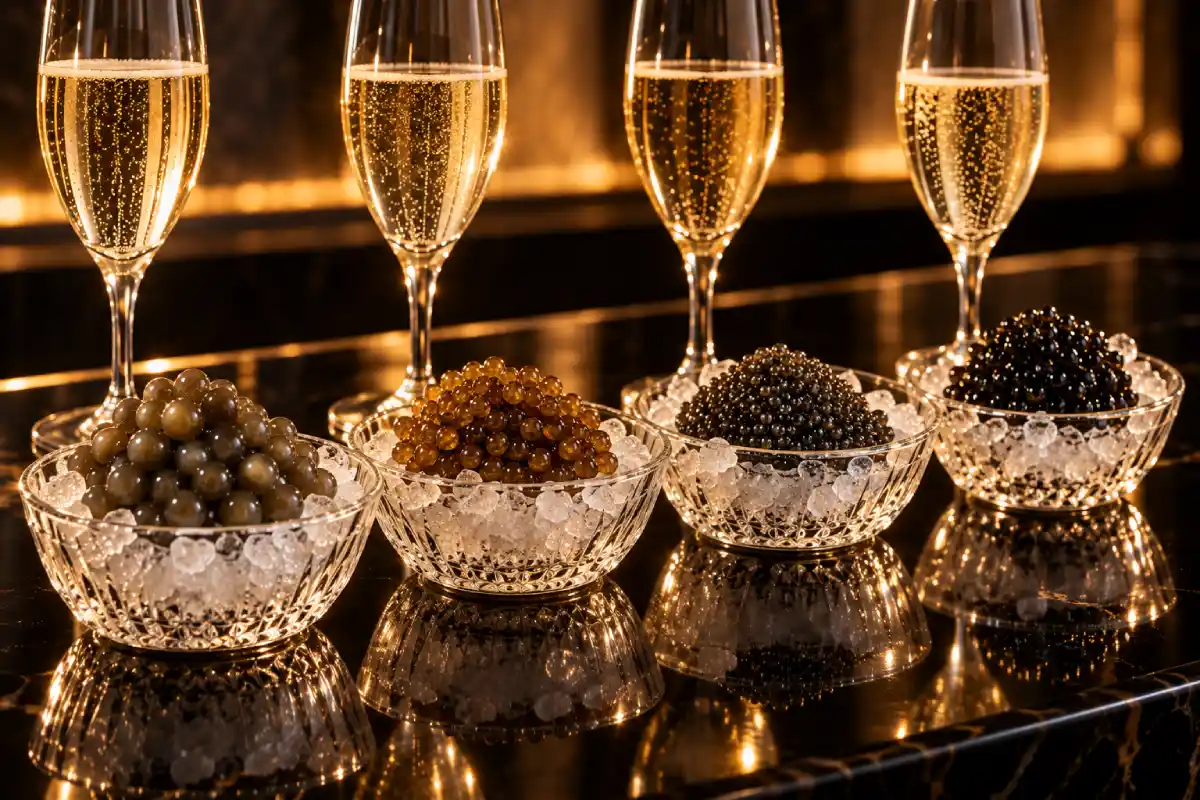 Which champagne style pairs with Beluga, Ossetra, Sevruga and Baeri caviar