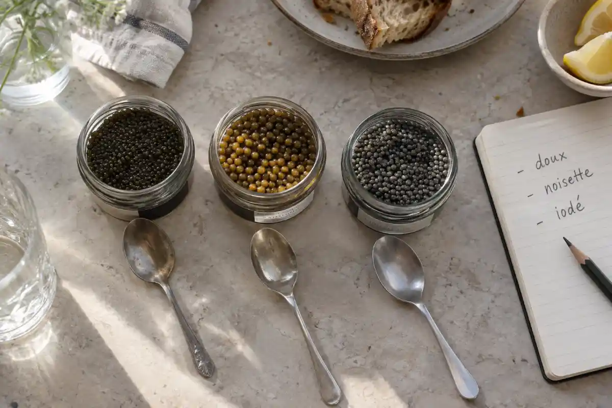 Trois caviars comparés selon la taille et la couleur des grains