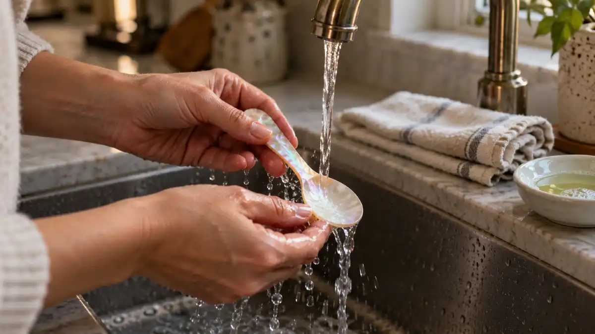 Hand-washing a mother-of-pearl caviar spoon in lukewarm water