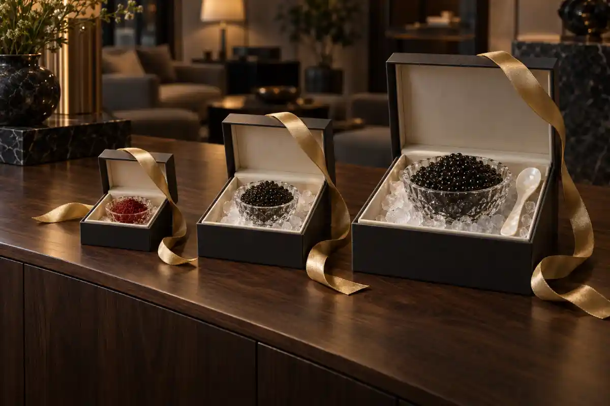 Corporate caviar and saffron gifts tiered from small to large
