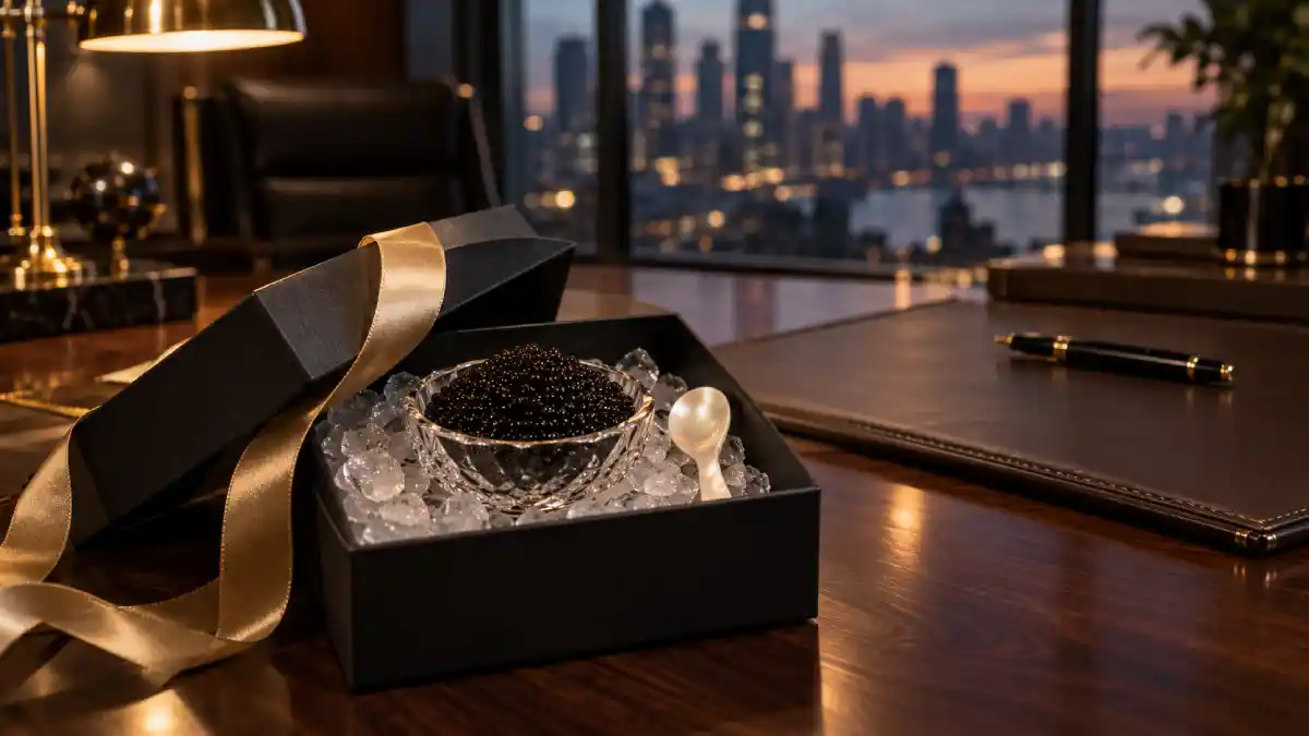 Caviar gift box opened on an executive desk as a corporate gift