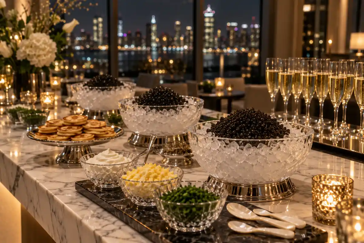 Caviar bar with blini and champagne at a corporate year-end reception