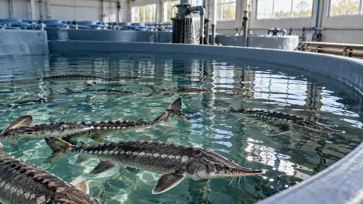 Sturgeon swimming in a clean caviar farm tank