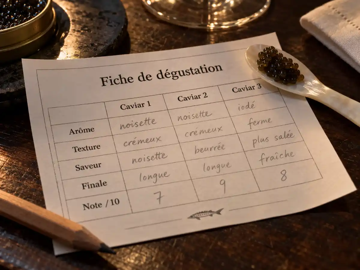 Fiche de dégustation de caviar remplie avec les notes