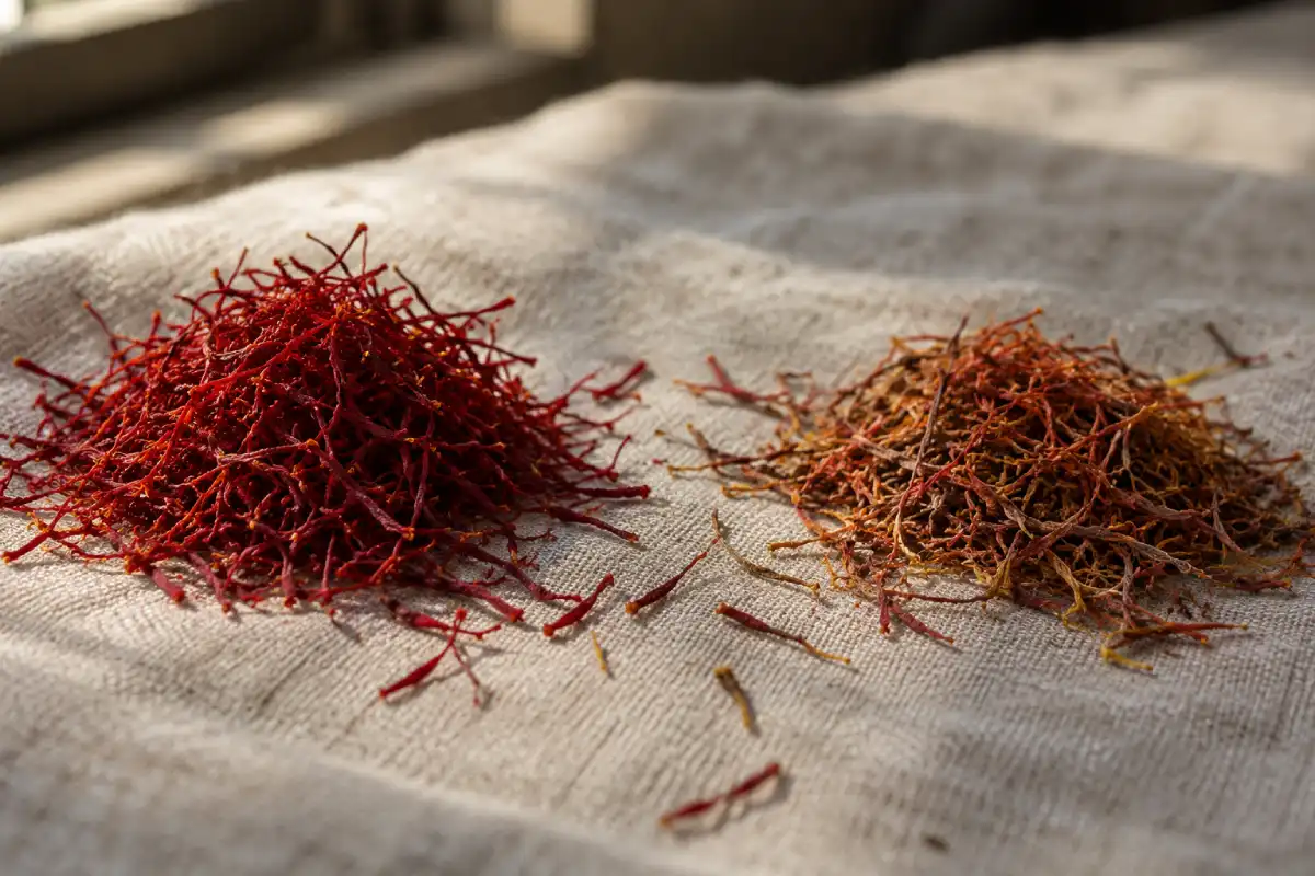 Fresh deep-red saffron threads next to older faded saffron