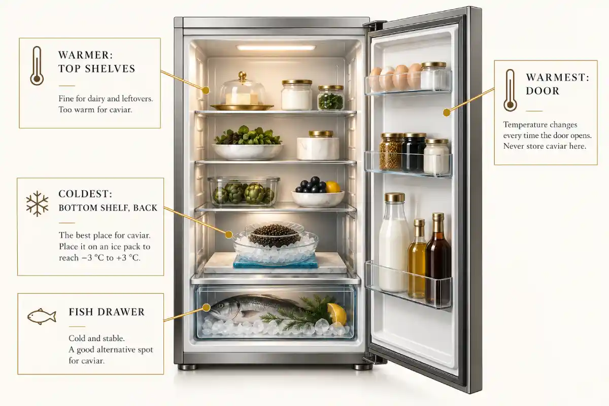 Where to store caviar in the fridge: coldest and warmest zones