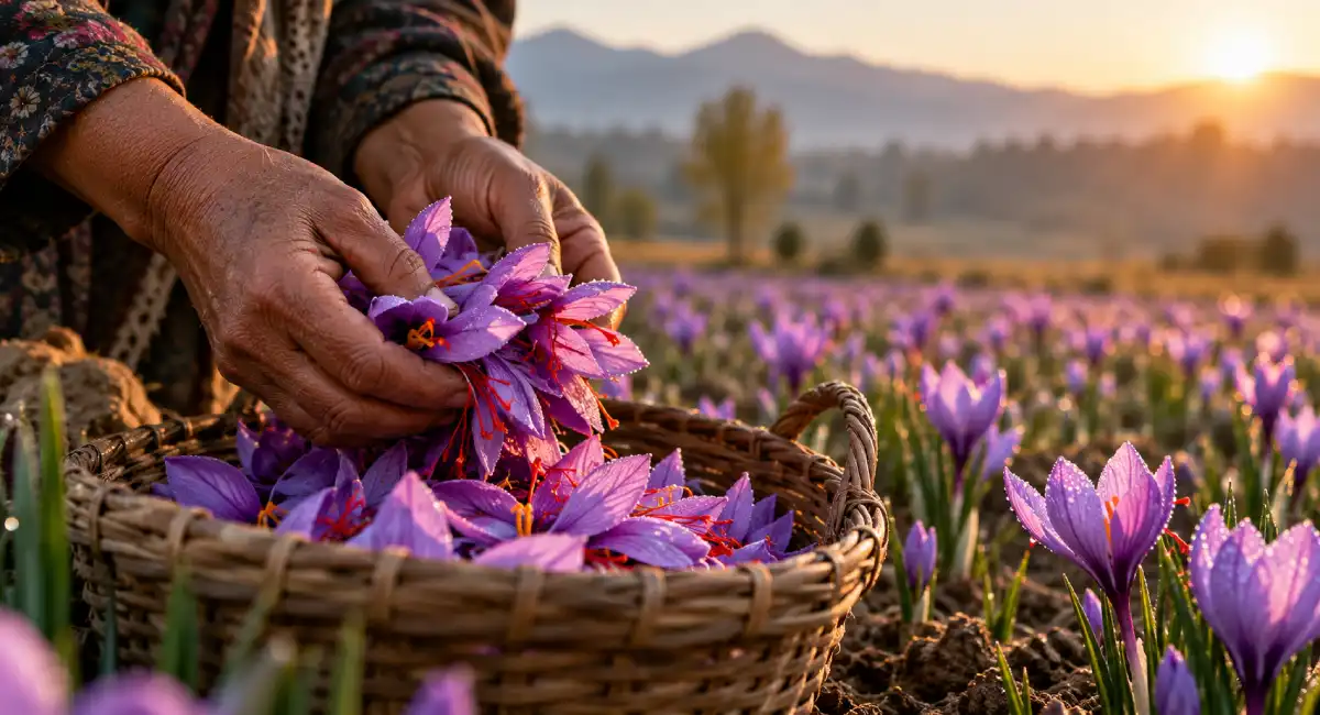 Hand-picking saffron crocus flowers at dawn