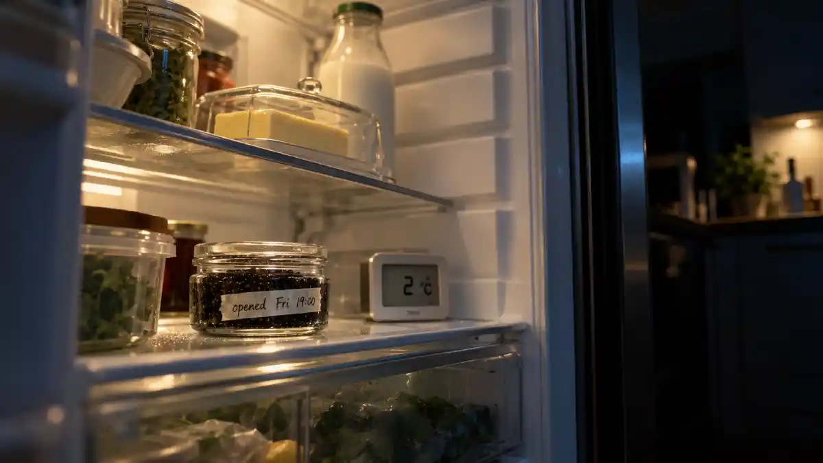 Opened caviar jar labelled with the date in the coldest part of the fridge