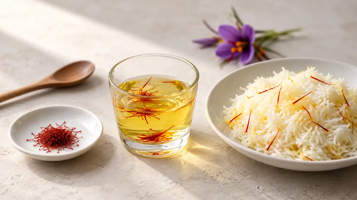 saffron threads next to a glass of golden saffron water