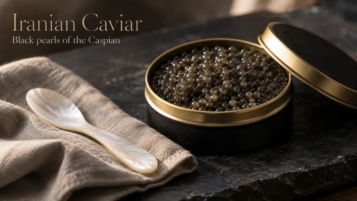 Open tin of Iranian caviar with a mother-of-pearl spoon