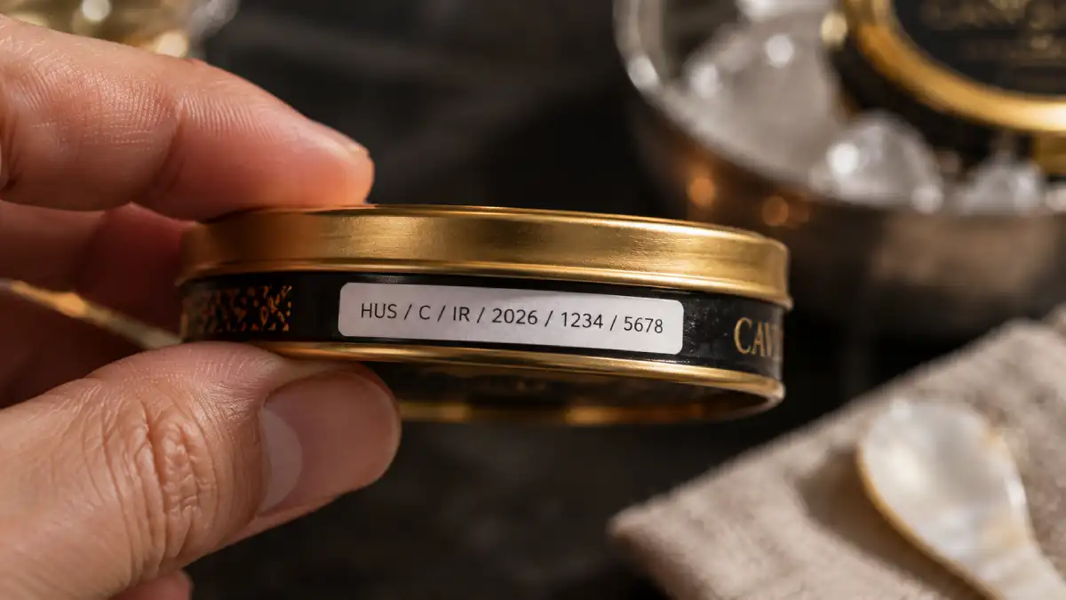 CITES label code on the lid of a caviar tin