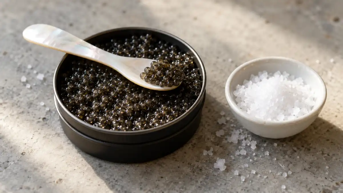 Malossol caviar in an open tin next to a small bowl of fine salt